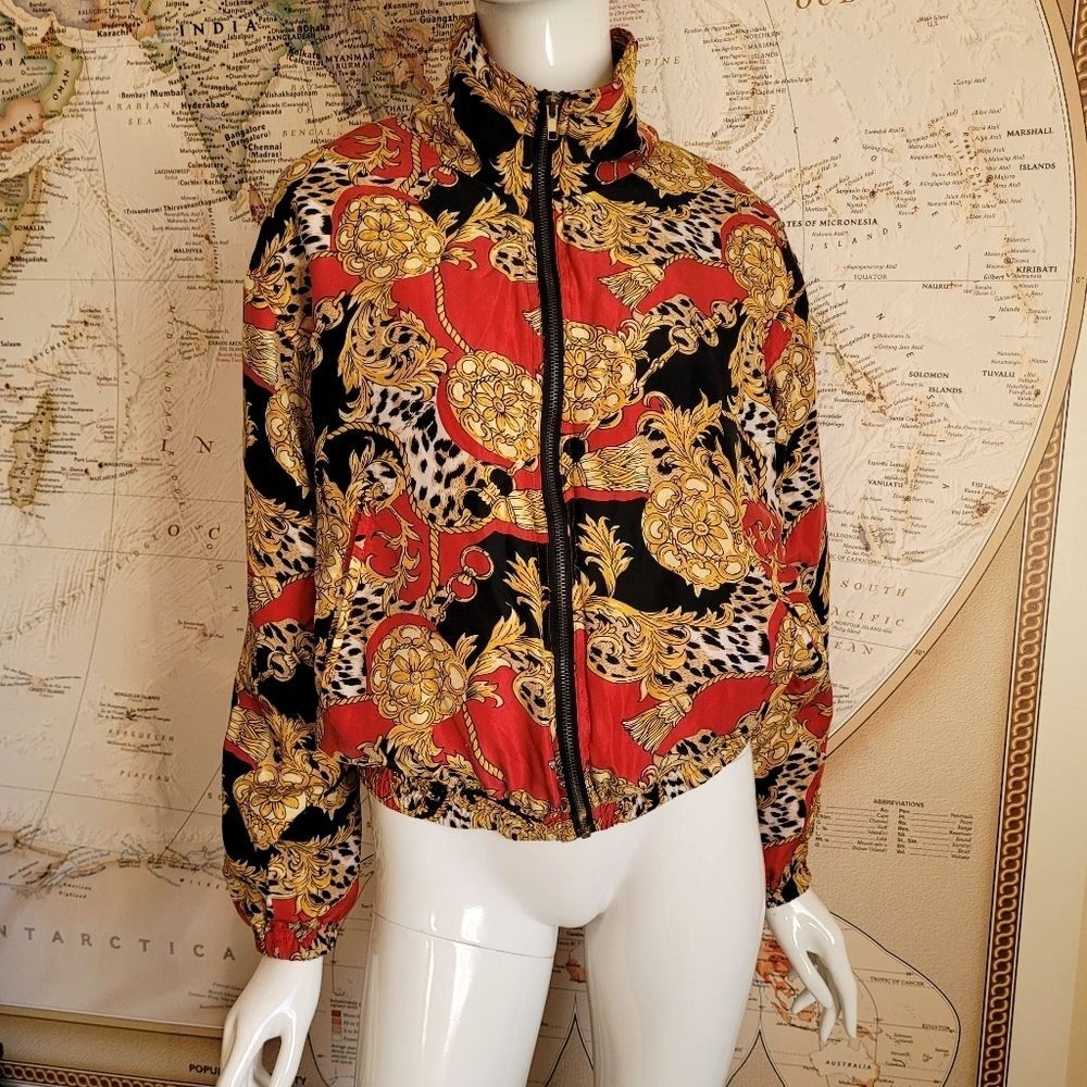 EVR Rousso VTG silk red black yellow bomber jacket pockets animal fancy 80s S